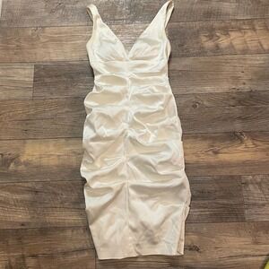 Cache Women Ivory Satin Ruched Bodycon V-Neck Cocktail Dress‎ Size 4 X7404C